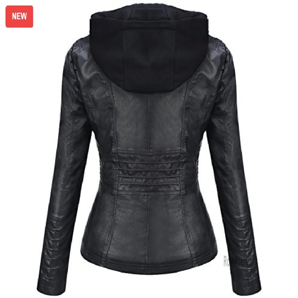 Women's Faux Leather Moto Jacket with Hood, Slim Fit, Detachable Hood - Picture 4 of 8